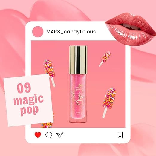 MARS Candylicious Sheer Lip Gloss for Women | Hydrating & High Shine | Lightweight | Non-Sticky | Enriched with Vitamin-E, Hyaluronic Acid & Avocado Ester (4.0ml) (09-MAGIC POP) 1