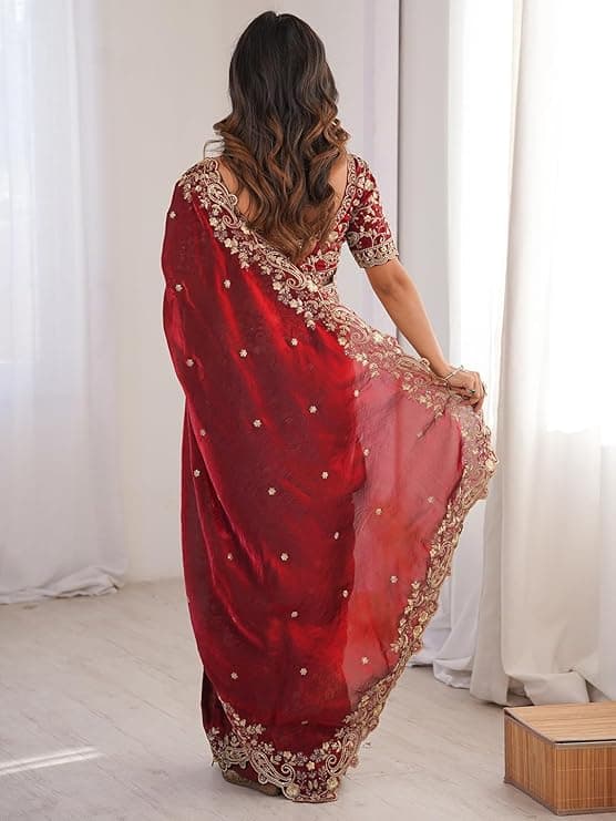 Women's Shimmer Satin Sequence Embroidery Saree With Unstitched Blouse Piece 1