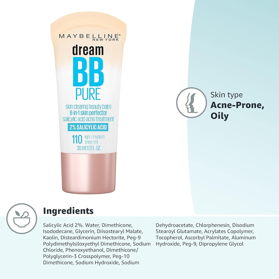 Maybelline Dream Pure Skin Clearing BB Cream, 8-in-1 Skin Perfecting Beauty Balm With 2% Salicylic Acid- Sheer Tint Coverage-Oil-Free- Light/Medium-1 Count 7
