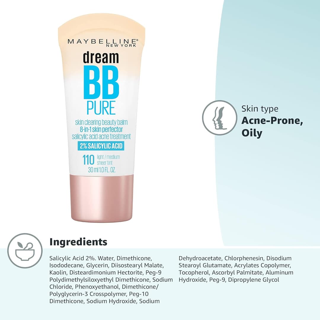 Maybelline Dream Pure Skin Clearing BB Cream, 8-in-1 Skin Perfecting Beauty Balm With 2% Salicylic Acid- Sheer Tint Coverage-Oil-Free- Light/Medium-1 Count 6