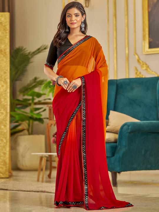 Ombre Sequinned Embellished Border Pure Georgette Saree with Blouse