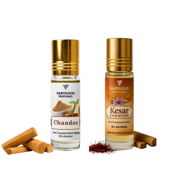 VaryGood Perfumes Chandan & Kesar Chandan Attar Combo (2 x 8ml) – Long Lasting Natural Fragrance Perfume Roll On For Men Women 1