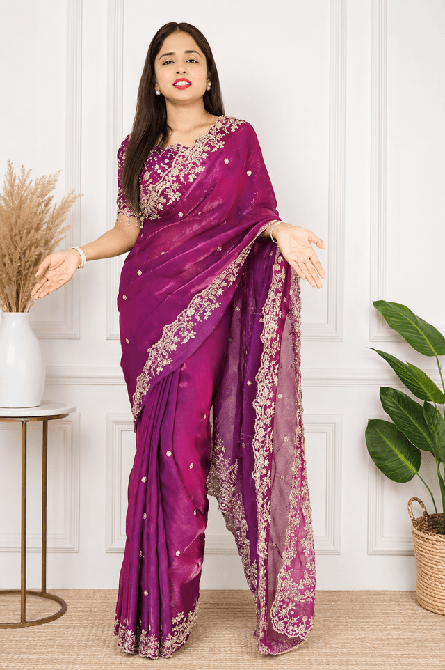 Embroidered Bollywood Chiffon Saree Purples