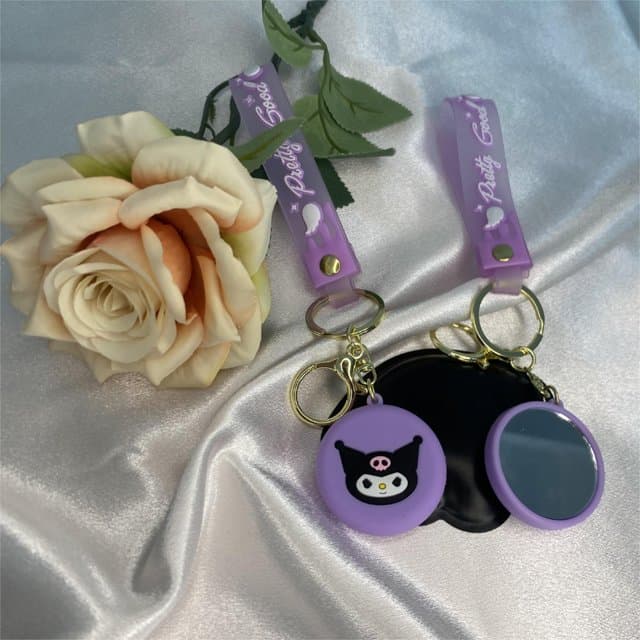 Kawaii Sanrio Kuromi & Labubu Pocket Mirror Keychain Combo Cute Cartoon Keyring Bag Pendan