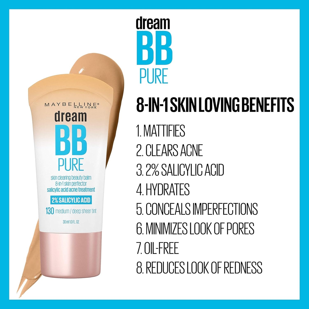 Maybelline Dream Pure Skin Clearing BB Cream, 8-in-1 Skin Perfecting Beauty Balm With 2% Salicylic Acid- Sheer Tint Coverage-Oil-Free- Light/Medium-1 Count 6