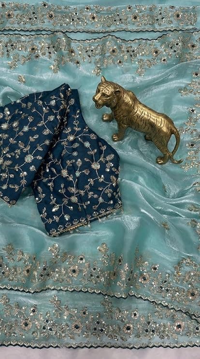 Satin Saree for Women with Sequence Work | Cutwork Border Saree with Full Stitch Blouse 2