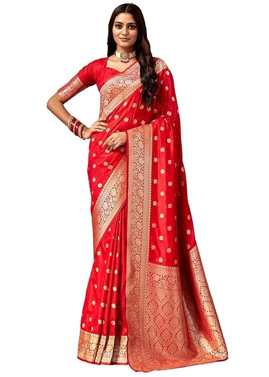 Women's Banarasi Saree Pure Kanjivaram Style Silk Saree With Blouse Piece for Teej