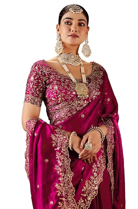 Women's Silk Saree with Embroidered Blouse Piece ( Rani Pink Color) 1