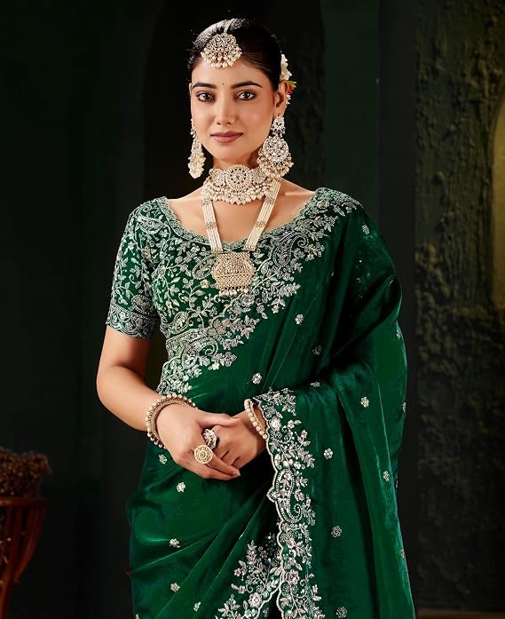 Shivshakti Collection Women's Silk Saree with Embroidered Blouse Piece, Traditional Parte Wear with Gold Border and Hand Work Lace Embellished 1