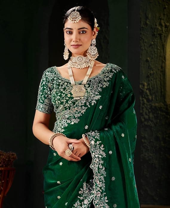 Shivshakti Collection Women's Silk Saree with Embroidered Blouse Piece, Traditional Parte Wear with Gold Border and Hand Work Lace Embellished
