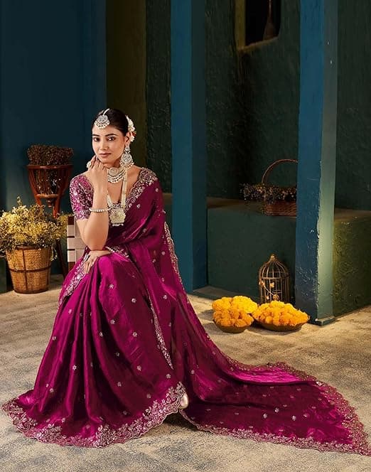 Women's Silk Saree with Embroidered Blouse Piece ( Rani Pink Color) 4