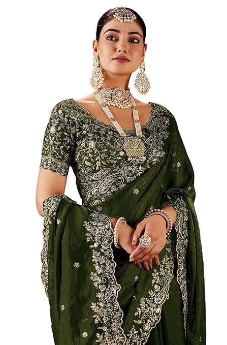 omen's Silk Saree with Embroidered Blouse Piece, Traditional Parte Wear 1