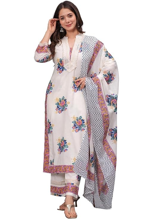 Women's Pure Cotton Printed Straight Kurta Set with Palazzo Pants & Dupatta- Ethnic Wear, White