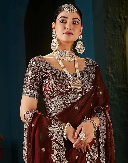 Shivshakti Collection Women's Silk Saree with Embroidered Blouse Piece, Traditional Parte Wear with Gold Border and Hand Work Lace