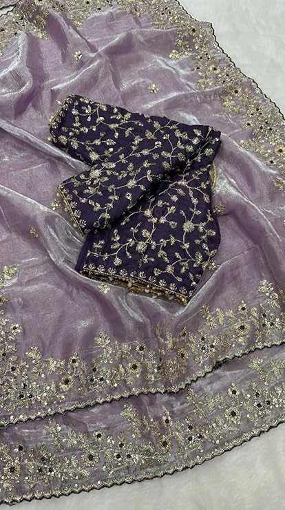 Shivshakti Collection, Designer Fandy Satin Saree for Women with Sequence Work | Cutwork Border Saree with Contrast Embroidered Full Stitch Blouse 4