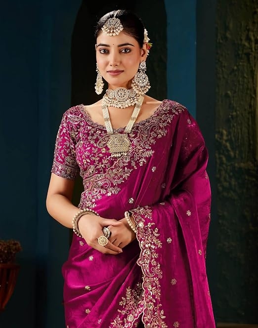 Women's Silk Saree with Embroidered Blouse Piece ( Rani Pink Color) 3