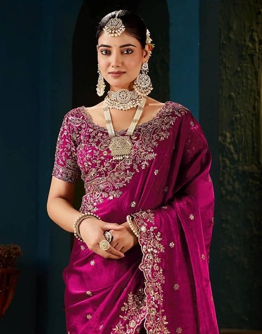 Women's Silk Saree with Embroidered Blouse Piece ( Rani Pink Color) 2