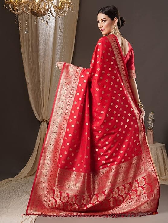 Women's Banarasi Silk Blend Ethnic Motif Zari Work Saree With Unstitched Blouse Piece 1