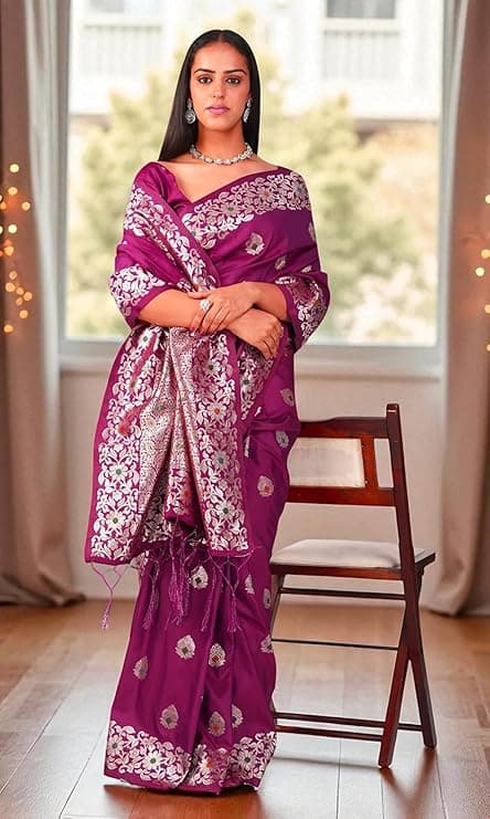 Womens Embellished Banarasi Pure Silk Saree Zari Work, Takshila Saree 1