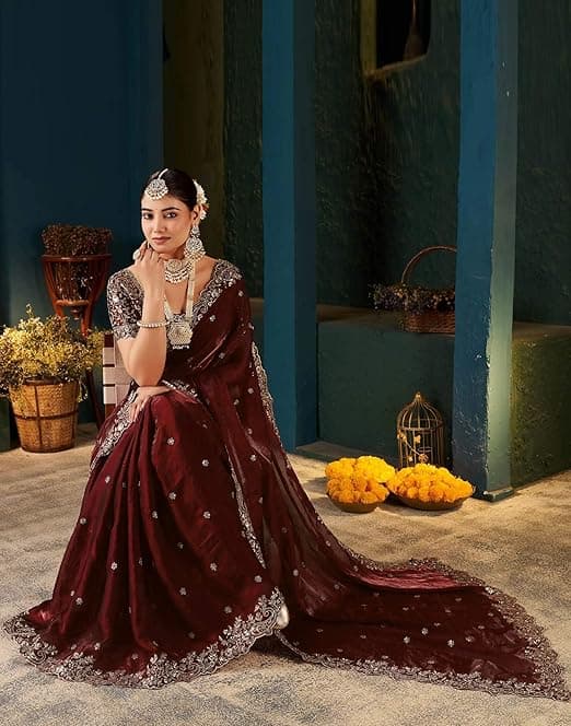 Shivshakti Collection Women's Silk Saree with Embroidered Blouse Piece, Traditional Parte Wear with Gold Border and Hand Work Lace 4