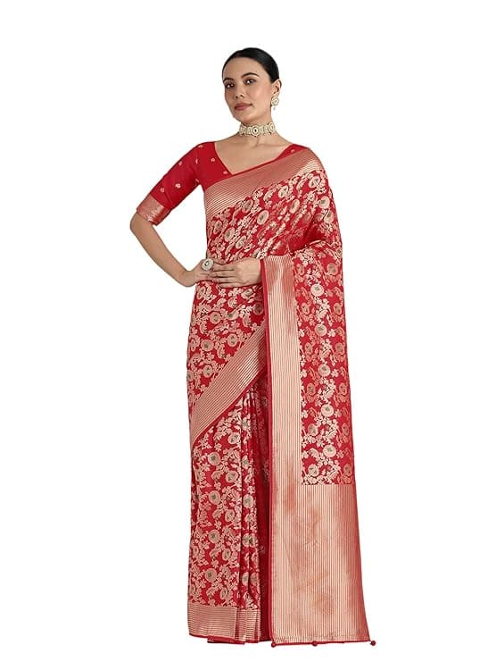 Women's Graceful Banarasi Silk Saree In Classic Zaal Pattern & Rich Zari Woven Pallu comes with Unstitched blouse