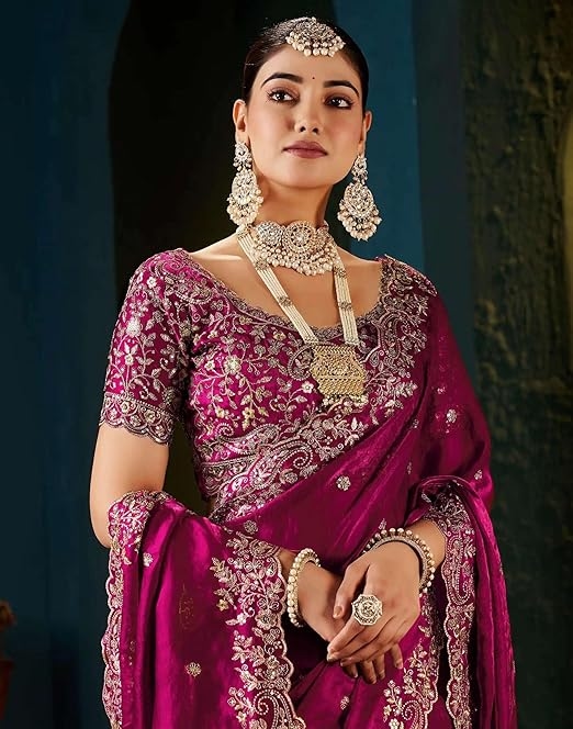 Women's Silk Saree with Embroidered Blouse Piece ( Rani Pink Color) 1