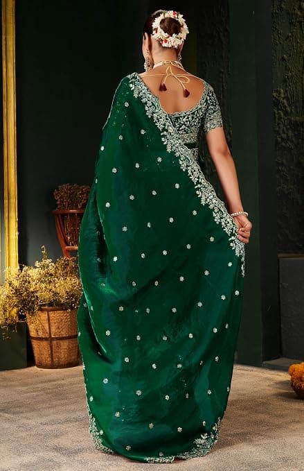 Shivshakti Collection Women's Silk Saree with Embroidered Blouse Piece, Traditional Parte Wear with Gold Border and Hand Work Lace Embellished 4
