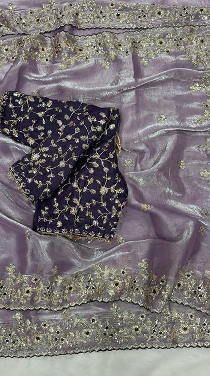Shivshakti Collection, Designer Fandy Satin Saree for Women with Sequence Work | Cutwork Border Saree with Contrast Embroidered Full Stitch Blouse 3