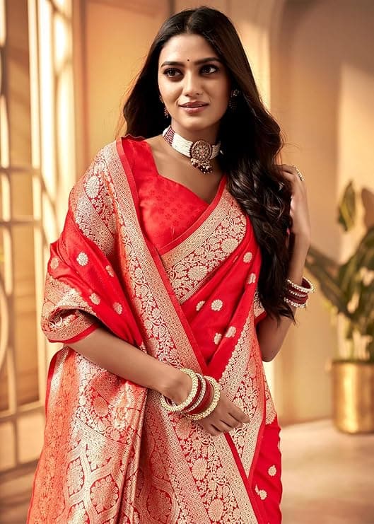 Women's Banarasi Saree Pure Kanjivaram Style Silk Saree With Blouse Piece for Teej 3