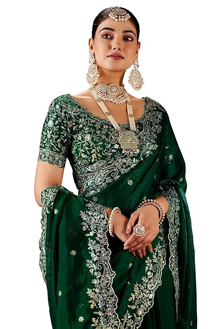 Shivshakti Collection Women's Silk Saree with Embroidered Blouse Piece, Traditional Parte Wear with Gold Border and Hand Work Lace Embellished 3