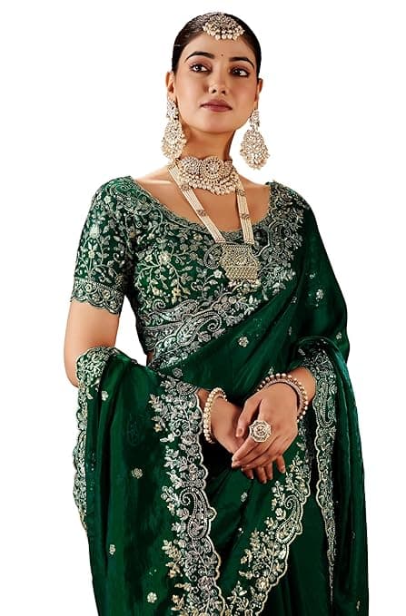 Shivshakti Collection Women's Silk Saree with Embroidered Blouse Piece, Traditional Parte Wear with Gold Border and Hand Work Lace Embellished 2