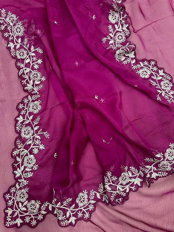 Womens Saree Bollywood Style Organza Silk With Designr Embroidery Sequance Work 6