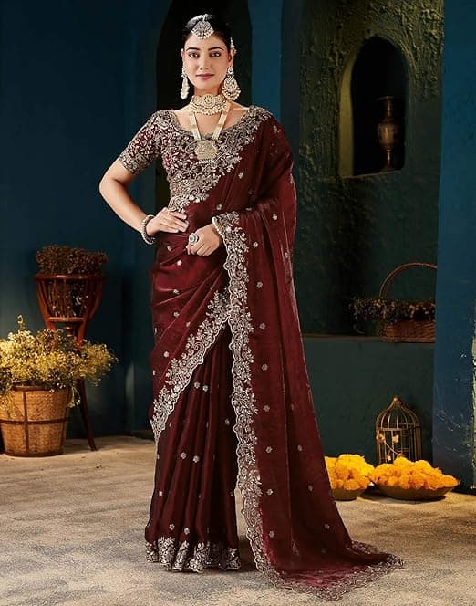 Shivshakti Collection Women's Silk Saree with Embroidered Blouse Piece, Traditional Parte Wear with Gold Border and Hand Work Lace 3