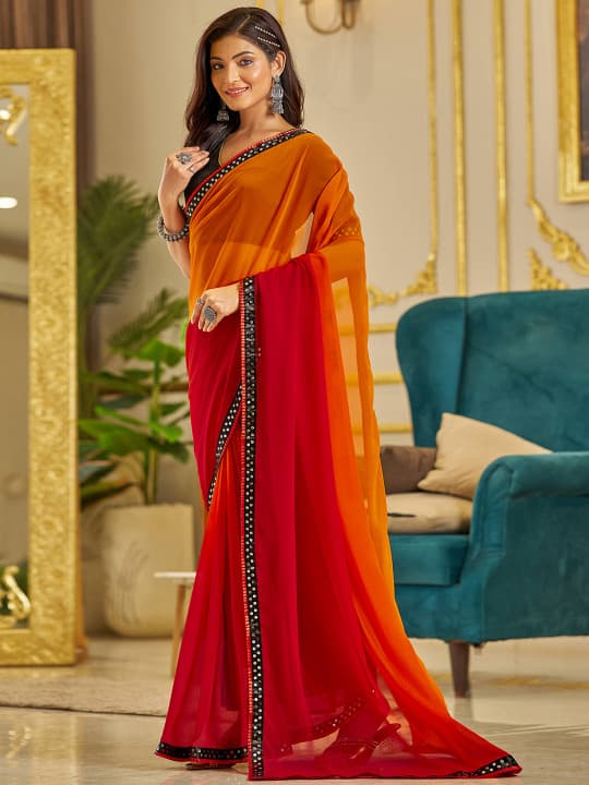 Ombre Sequinned Embellished Border Pure Georgette Saree with Blouse 4