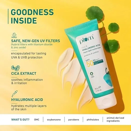 Plum Cica & Hyaluronic Acid Aqua-Light Sunscreen SPF 50 PA+++ | No White Cast, Lightweight, Non-Sticky | Safe, New Generation UV Filters | Dermat-Tested | Blue Light Protection | Sunscreen For Women & Men | 100% Vegan | 50 g 3