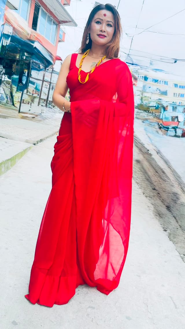 Menuka Collection Plain Red Georgette Saree with Blouse | Teej Special Women's Saree