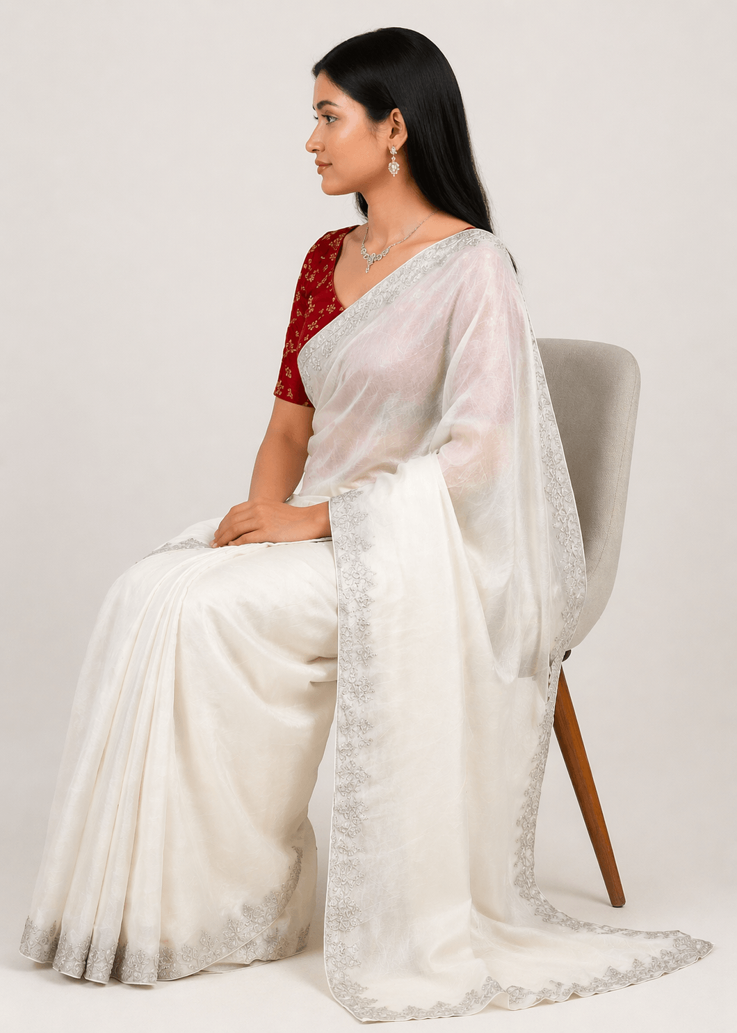 Elegant Silver Blue Georgette Saree with Sequin Work & Designer Blouse White 3