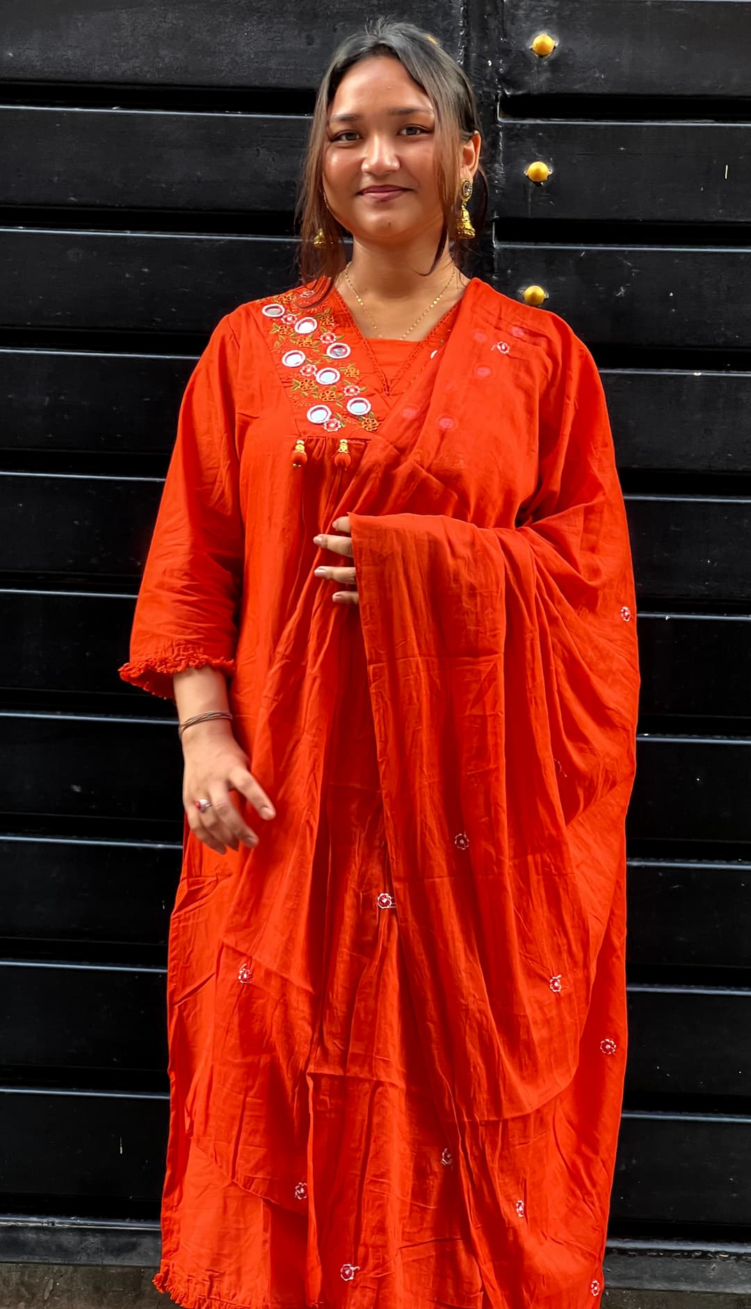 Women's Mirror Work Cotton Kurta Set with Dupatta