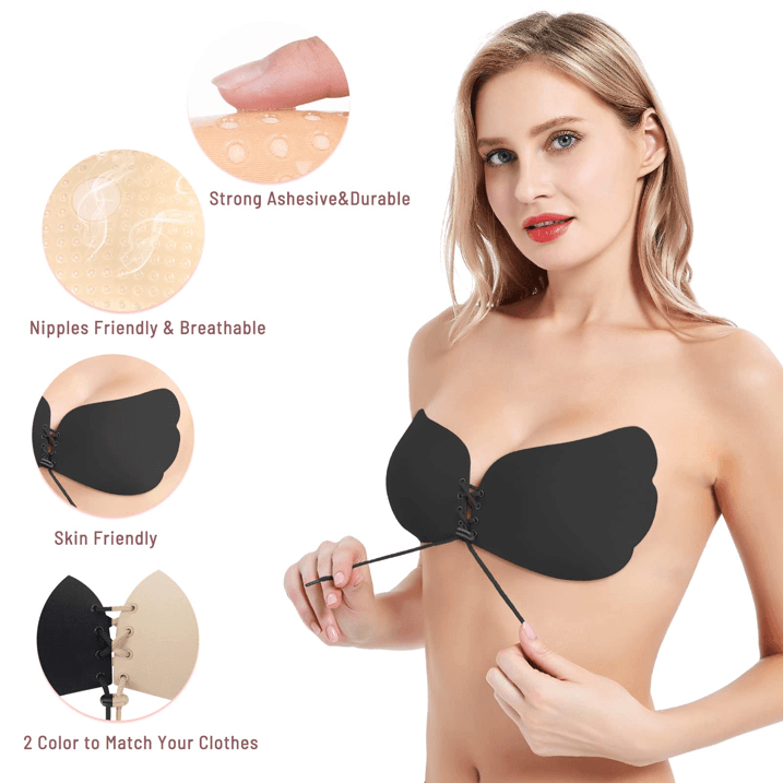 strapless adhesive push-up bra featuring a drawstring butterfly-