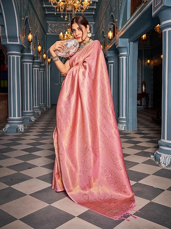 Womens Kanjivaram Silk Saree with Zari Woven Saree With Blouse Piece 4