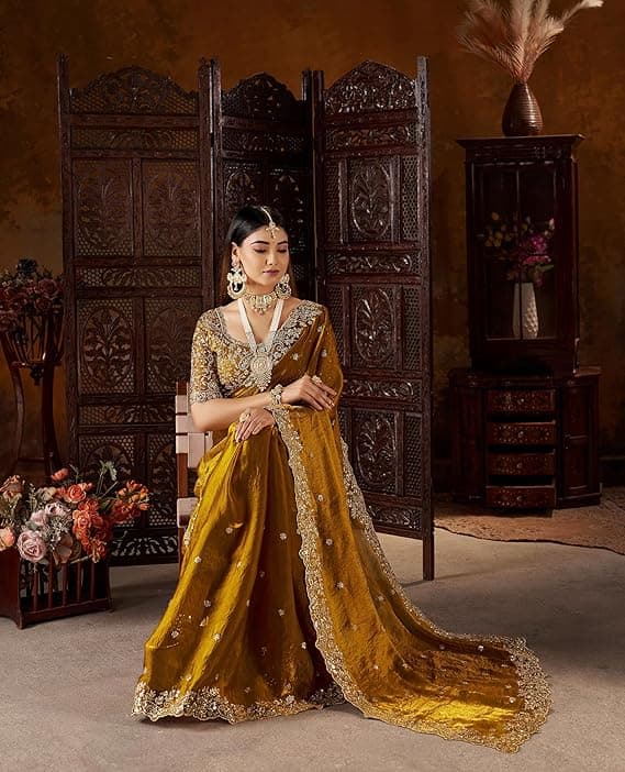 Women's Silk Saree with Embroidered Blouse Piece, Traditional Parte Wear with Gold Border and Hand Work 3