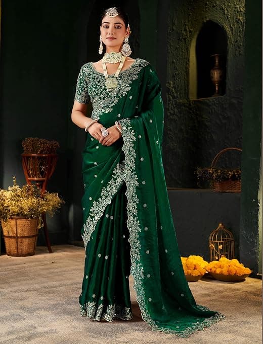 Shivshakti Collection Women's Silk Saree with Embroidered Blouse Piece, Traditional Parte Wear with Gold Border and Hand Work Lace Embellished 3