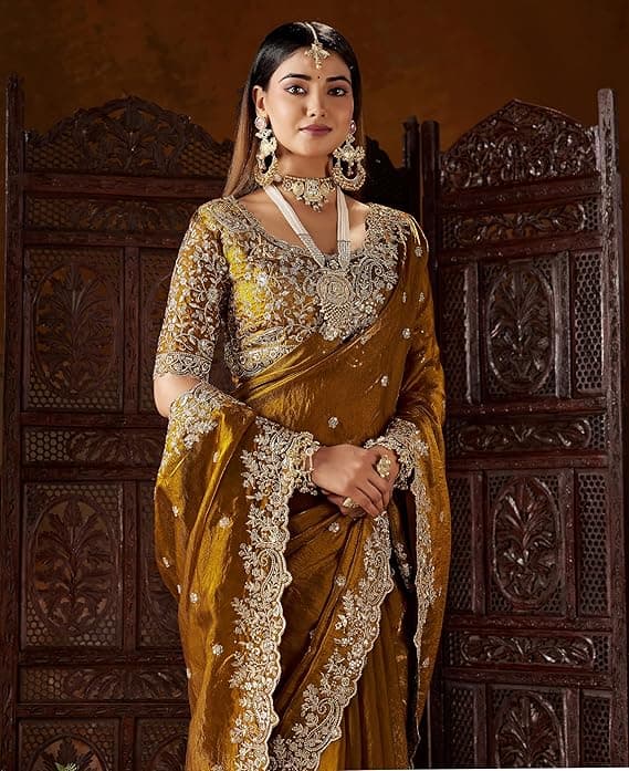 Women's Silk Saree with Embroidered Blouse Piece, Traditional Parte Wear with Gold Border and Hand Work