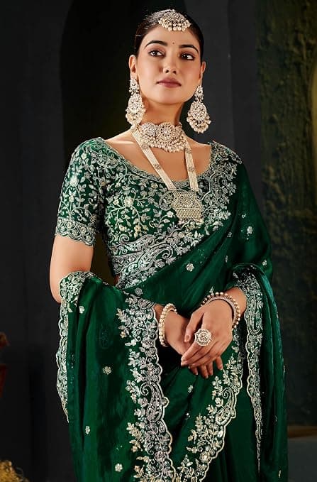 Shivshakti Collection Women's Silk Saree with Embroidered Blouse Piece, Traditional Parte Wear with Gold Border and Hand Work Lace Embellished 1