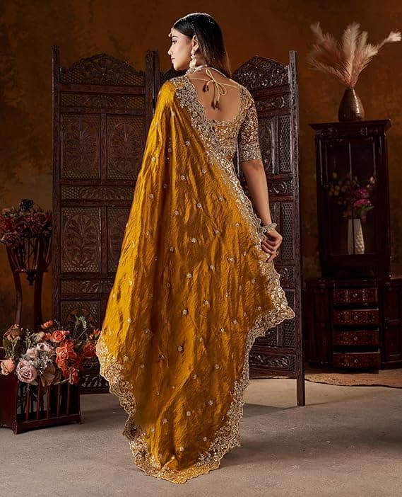 Women's Silk Saree with Embroidered Blouse Piece, Traditional Parte Wear with Gold Border and Hand Work 4