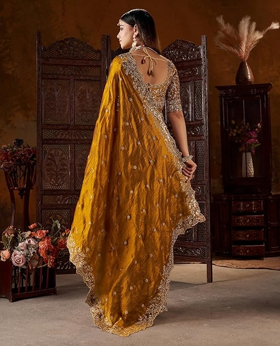 Women's Silk Saree with Embroidered Blouse Piece, Traditional Parte Wear with Gold Border and Hand Work 5