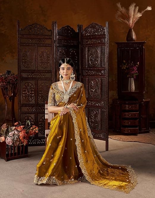 Women's Silk Saree with Embroidered Blouse Piece, Traditional Parte Wear with Gold Border and Hand Work 2