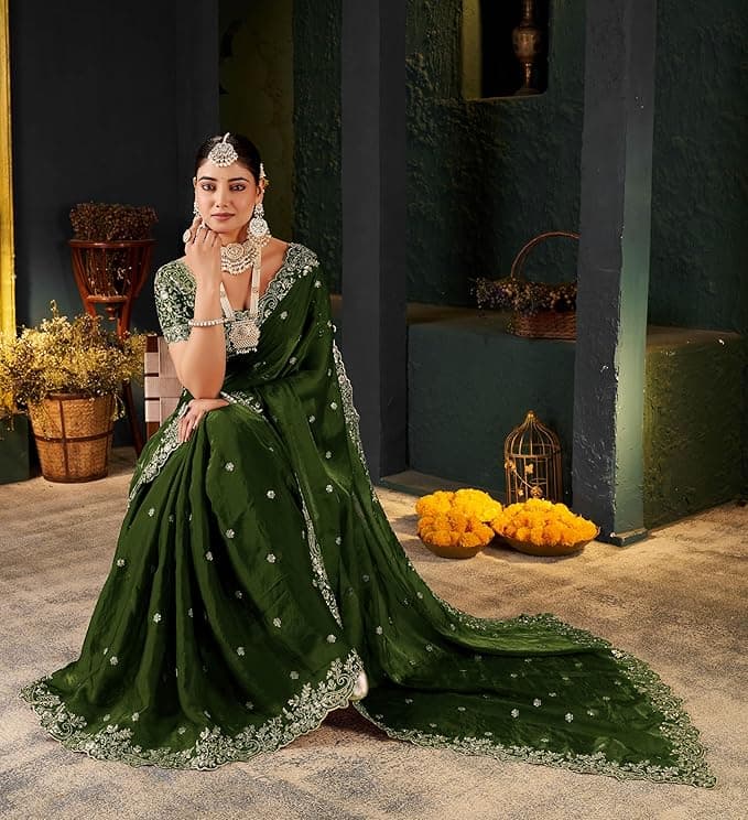 omen's Silk Saree with Embroidered Blouse Piece, Traditional Parte Wear 5
