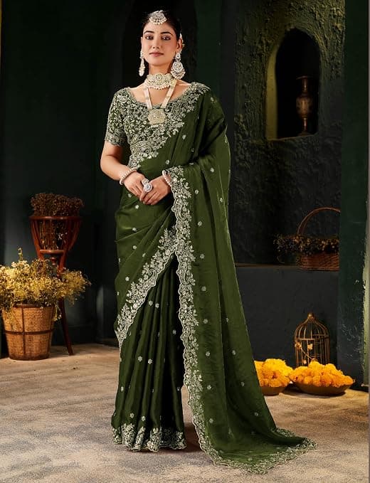 omen's Silk Saree with Embroidered Blouse Piece, Traditional Parte Wear 2