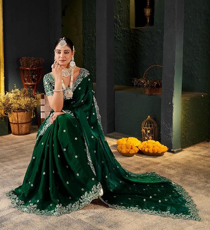 Shivshakti Collection Women's Silk Saree with Embroidered Blouse Piece, Traditional Parte Wear with Gold Border and Hand Work Lace Embellished 5